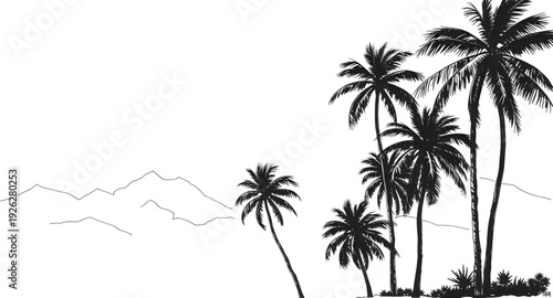 palmtree, landscape, mountainrange, silhouette, drawing, background, tropical, island, nature, sunset, scenery, outdoor, travel, summer, exotic, paradise, forest, hills, valley, sky, twilight, dusk, m