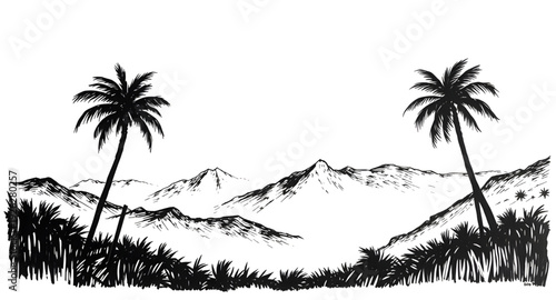 palmtree, landscape, mountainrange, silhouette, drawing, background, tropical, island, nature, sunset, scenery, outdoor, travel, summer, exotic, paradise, forest, hills, valley, sky, twilight, dusk, m