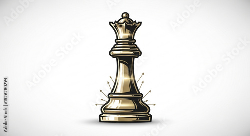 Golden chess queen piece standing tall with radiant glow symbolizing strategy and leadership on white background with subtle shadow