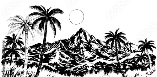 palm, tree, landscape, mountainrange, silhouette, drawing, background, tropical, island, nature, sunset, scenery, outdoor, travel, summer, exotic, paradise, forest, hills, valley, sky, dawn, dusk, min