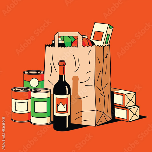 Pixel art illustration of a full paper grocery bag with wine and canned food on orange background