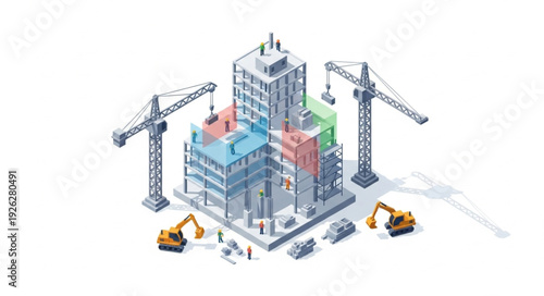 Isometric Building Construction Site with Cranes.