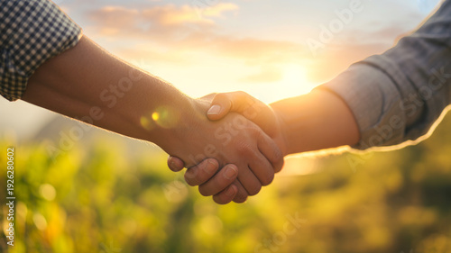 A warm handshake between two people against a golden sunset backdrop