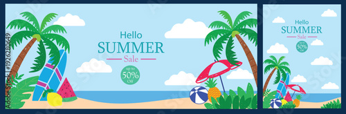 Hello Summer sale banner vector with tropical beach, palm trees, surfboard, umbrella, watermelon and sunshine vibes. Trendy flat design for promo posters, social ads, flyers, web headers and branding.