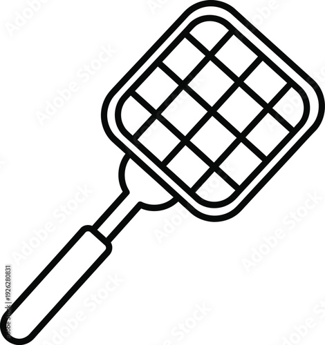 A simple line art illustration of a fly swatter tool for pest control on a white background.