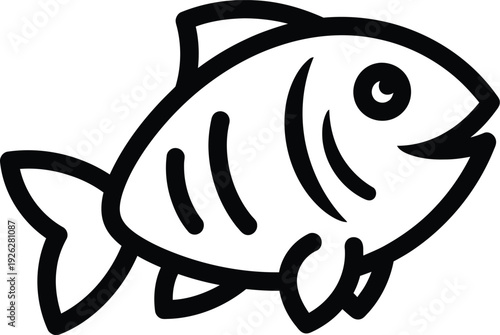 Simple black and white line drawing icon of a cute fish swimming to the right side.