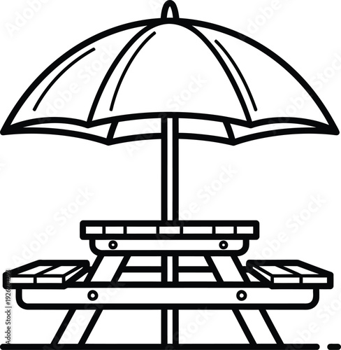 Black and white line art icon of a picnic table with an integrated patio umbrella for shade.