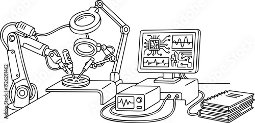 Black and white line art vector illustration of an advanced R&D laboratory setup featuring a robotic arm working on a sample under magnifying glasses, alongside a computer monitor displaying microchip