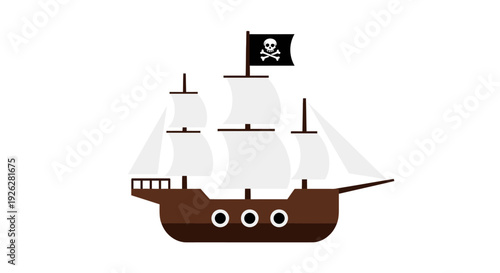 Cartoon pirate ship with skull flag isolated on white background