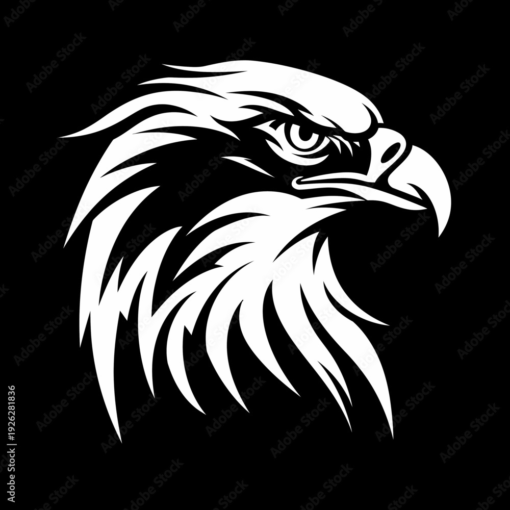 Fototapeta premium Bold white eagle head graphic against a black background suitable for design