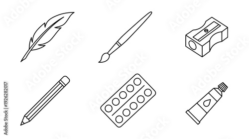 art supplies , 6 black delicate line drawings vector set collection , white background , PNG and SVG	