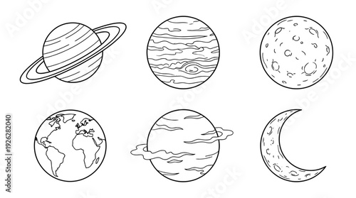 astronomy planets , 6 black delicate line drawings vector set collection , white background , PNG and SVG	