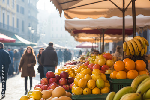Vibrant outdoor market scene with fresh produce and bustling pedestrian traffic