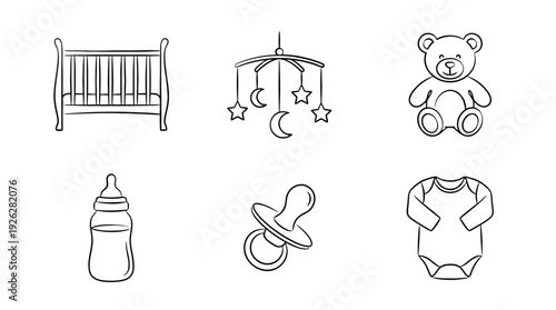 baby nursery items , 6 black delicate line drawings vector set collection , white background , PNG and SVG	