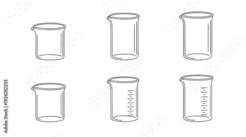 beaker glass , 6 black delicate line drawings vector set collection , white background , PNG and SVG	