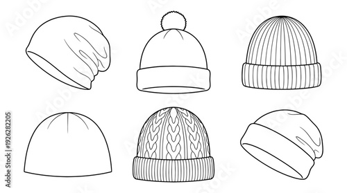 beanies , 6 black delicate line drawings vector set collection , white background , PNG and SVG	