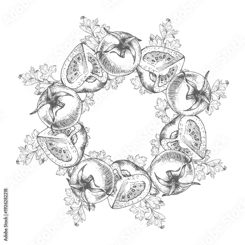Wreath of the parsleys and the tomatoes. For packaging design, cards, cover, prints, product labels and fabric.