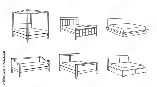 bed frames , 6 black delicate line drawings vector set collection , white background , PNG and SVG	