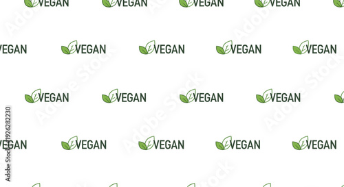 Repeating pattern of the word VEGAN accompanied by a small green leaf icon on a white background promoting plant based living and diet.