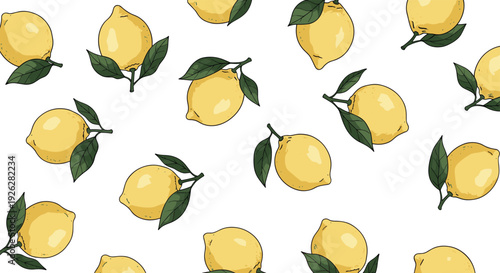 Artistic seamless pattern of hand-drawn yellow lemons with green leaves on a white background for a fresh citrus themed culinary design.