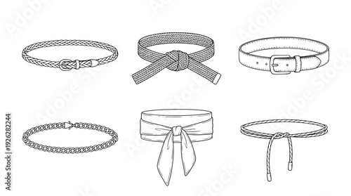 belts , 6 black delicate line drawings vector set collection , white background , PNG and SVG	