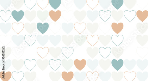 Sweet and soft pattern of hearts in pastel blue beige and grey colors arranged in a grid for romantic and gentle background themes.