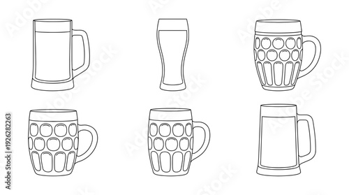 beer mugs , 6 black delicate line drawings vector set collection , white background , PNG and SVG	