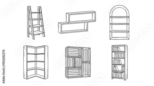 bookshelf styles , 6 black delicate line drawings vector set collection , white background , PNG and SVG	