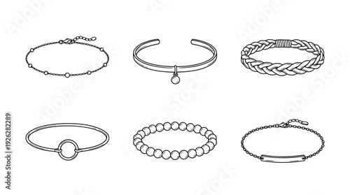 bracelets , 6 black delicate line drawings vector set collection , white background , PNG and SVG	