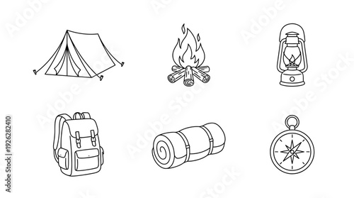 camping essentials , 6 black delicate line drawings vector set collection , white background , PNG and SVG	