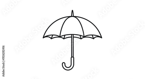 Minimalist black outline of an open umbrella with a curved handle on a white background signifying weather protection and rain gear.