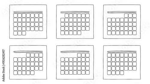 calendar pages , 6 black delicate line drawings vector set collection , white background , PNG and SVG	
