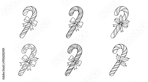 candy canes , 6 black delicate line drawings vector set collection , white background , PNG and SVG	