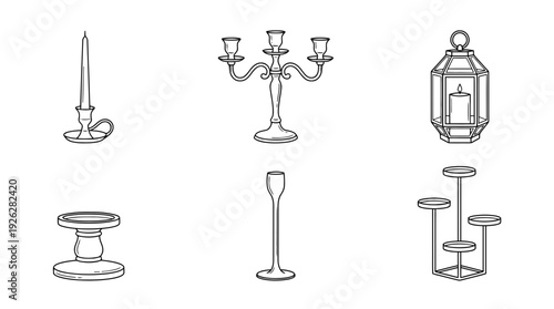 candle holders , 6 black delicate line drawings vector set collection , white background , PNG and SVG	