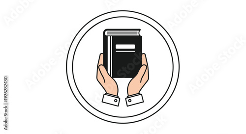Icon featuring two hands holding a closed black book within a circular frame representing study education and knowledge preservation.
