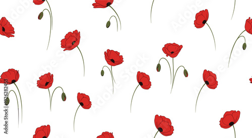 Elegant seamless pattern of vibrant red poppy flowers with delicate green stems and buds scattered over a clean white background.