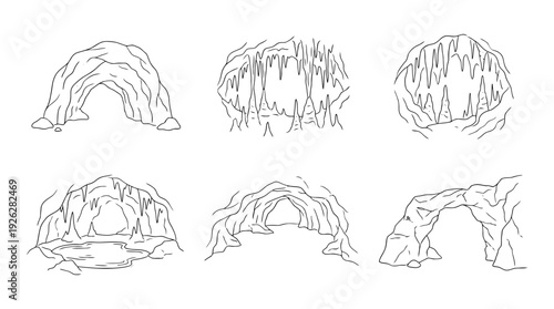 caves , 6 black delicate line drawings vector set collection , white background , PNG and SVG	