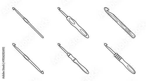 crochet hooks , 6 black delicate line drawings vector set collection , white background , PNG and SVG	