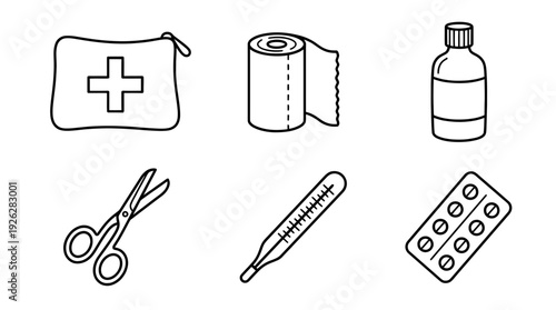 first aid kits , 6 black delicate line drawings vector set collection , white background , PNG and SVG	