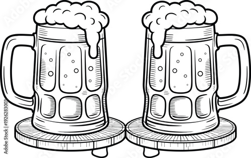Beer Mugs with Foam on Coasters Illustration for Celebration