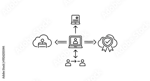 Central Computer Network Diagram with Cloud and Security Icons.