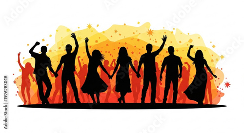 Silhouettes of people dancing together in a vibrant party scene with colorful background
