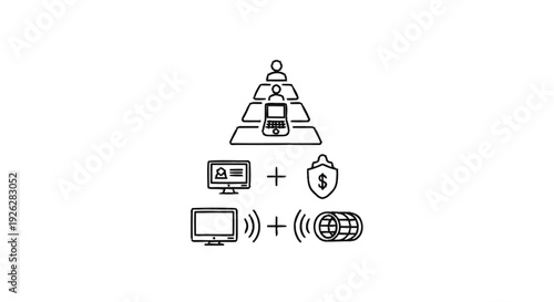 Business pyramid with computer and security icons.