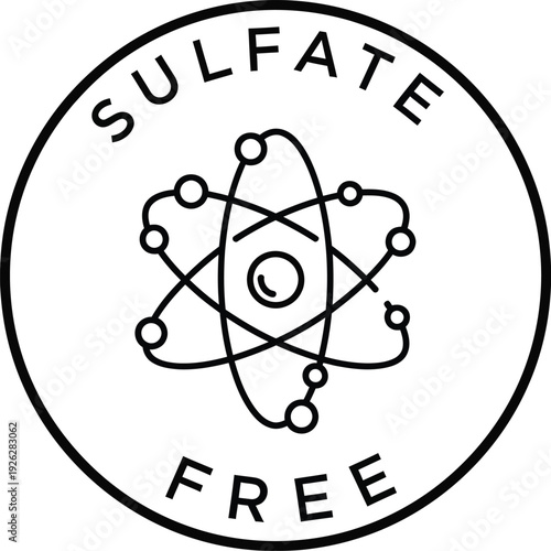 Sulfate free product label icon featuring an atom symbol in a circular badge