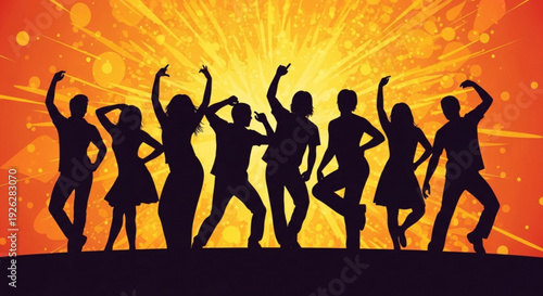People dancing in silhouette against vibrant orange background with yellow explosion