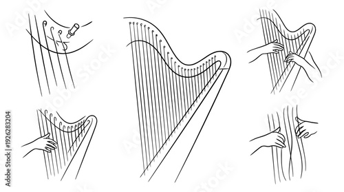 harp strings , 6 black delicate line drawings vector set collection , white background , PNG and SVG	