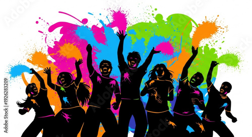 Silhouettes of joyful people dancing with colorful paint splatters in the background celebrating music and art festival with vibrant colors