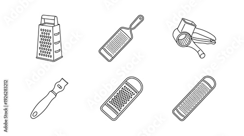 grater styles , 6 black delicate line drawings vector set collection , white background , PNG and SVG	