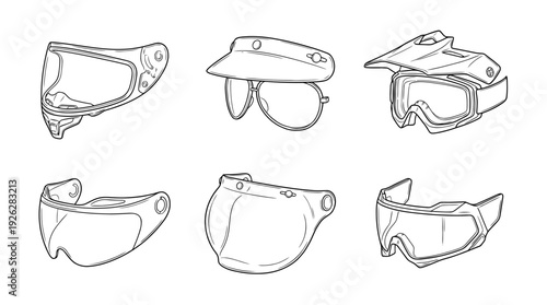 helmet visors , 6 black delicate line drawings vector set collection , white background , PNG and SVG	