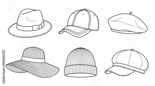 hats and caps , 6 black delicate line drawings vector set collection , white background , PNG and SVG	